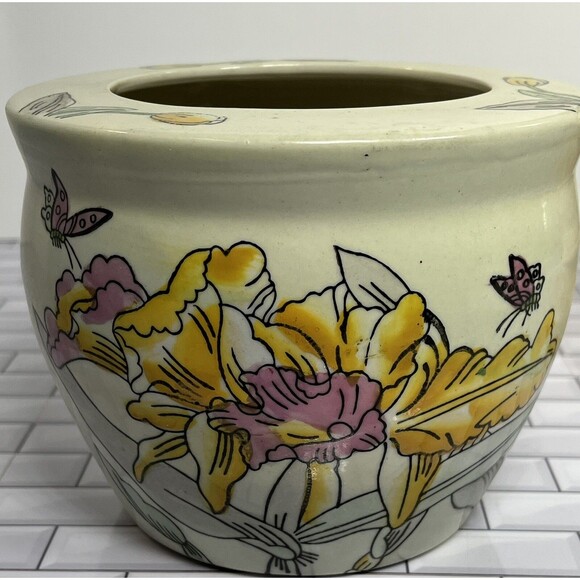 Asian Y2K Pot Planter 6 X 4.75in Floral Butterflies Tulips Beige Pink Fairycore - Picture 7 of 12